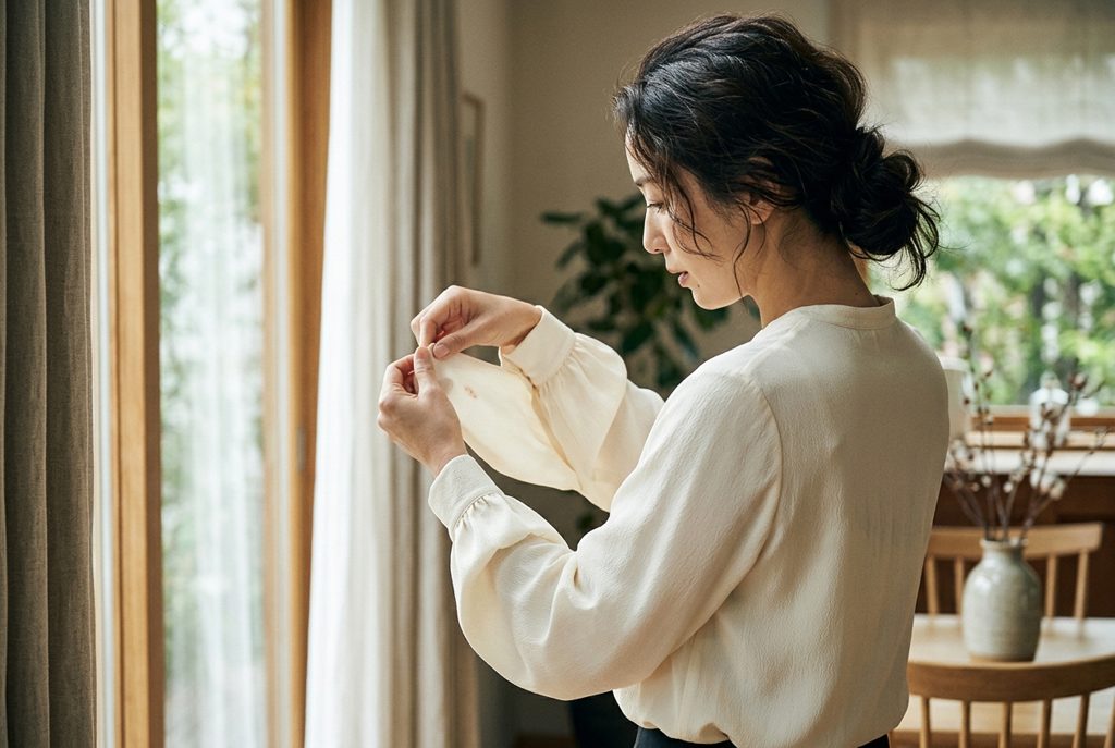 レンタルブラウスのシミを見る女性