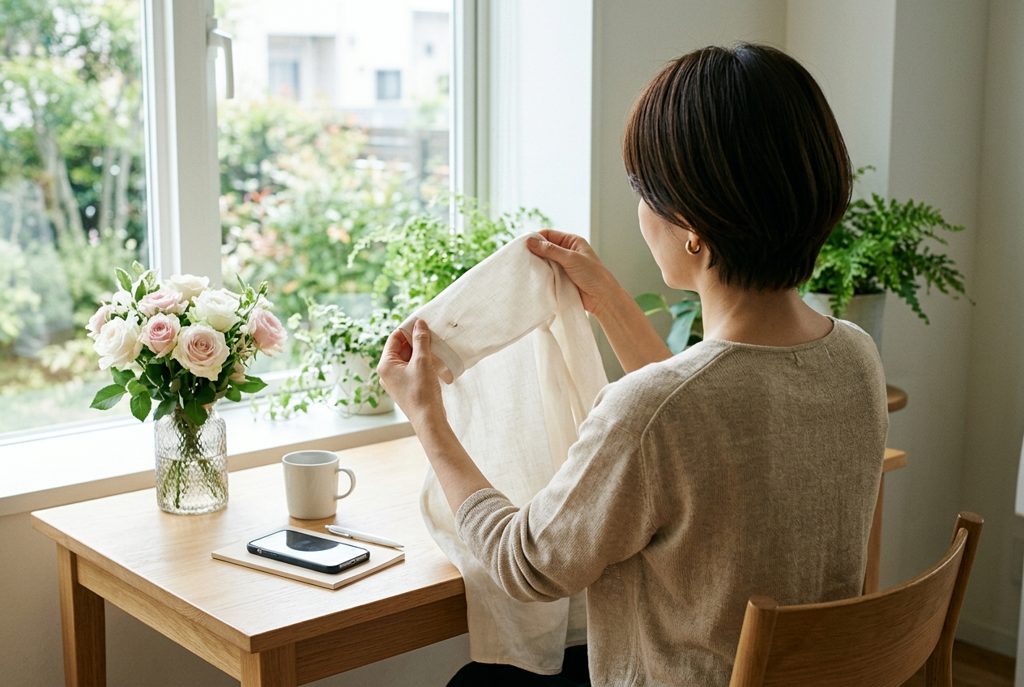 窓辺で服の染みを眺める女性の後ろ姿