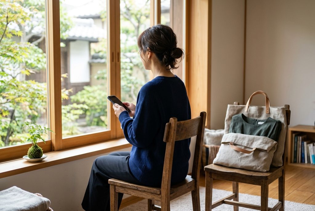 窓辺でスマホを見る女性と返却用の服