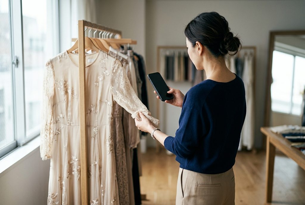 洋服をチェックしスマホで撮影する女性の手元