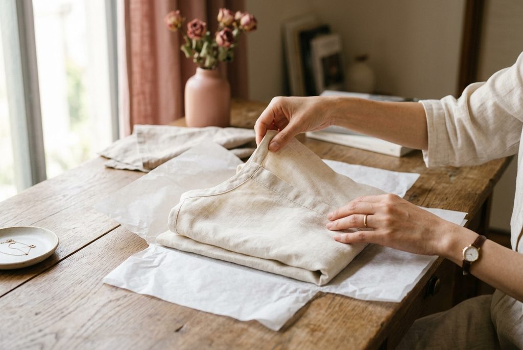 新しい服を袋から取り出す女性の手元