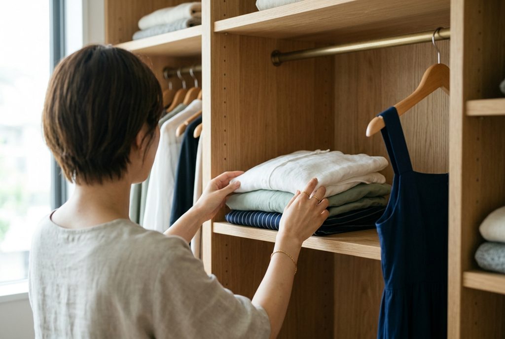 窓際で服の数を吟味する女性の手元