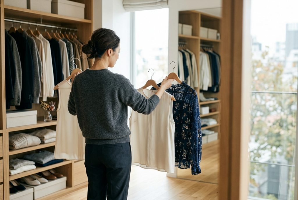 クローゼットで服を比較する女性