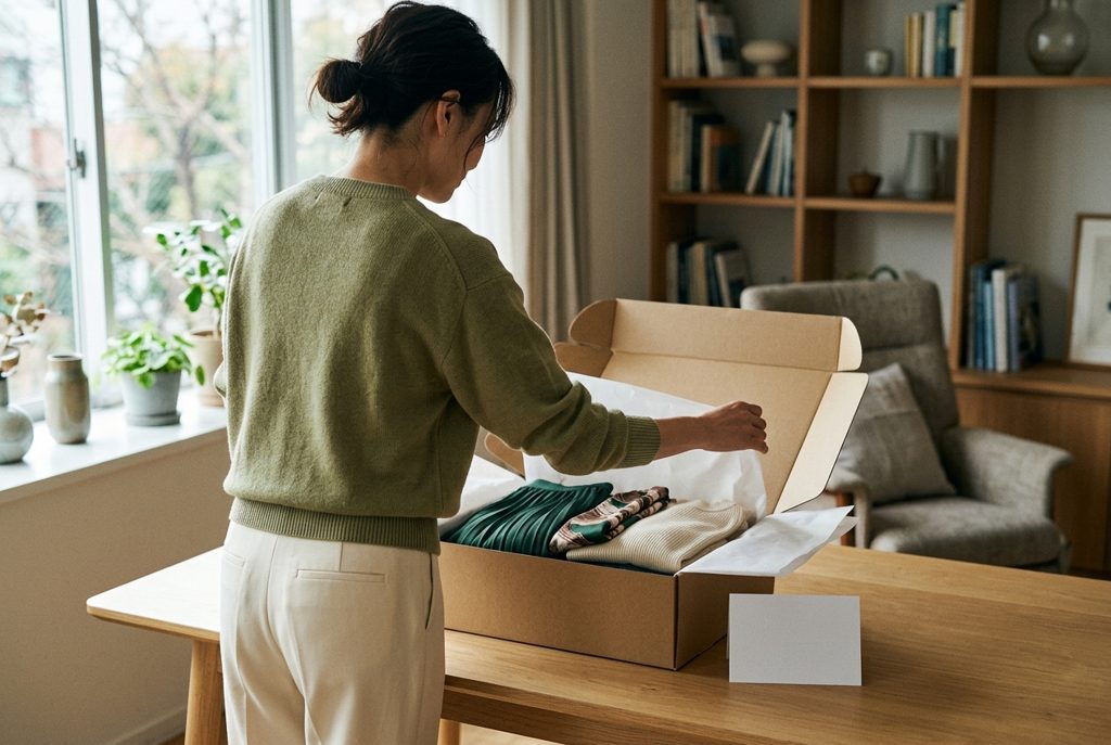 女性が届いた洋服の箱を開けている様子