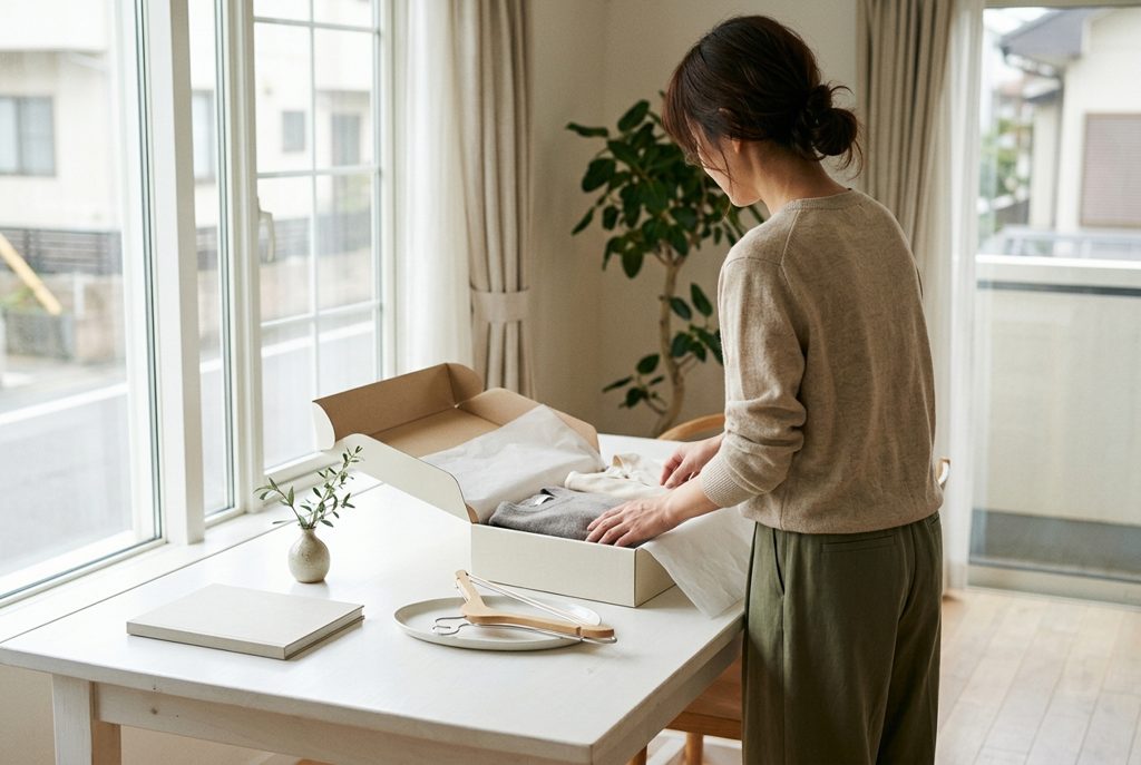 窓際で洋服の荷物を開ける女性