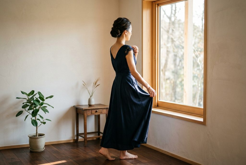 窓辺でフォーマルドレスの肩を整える女性の後ろ姿
