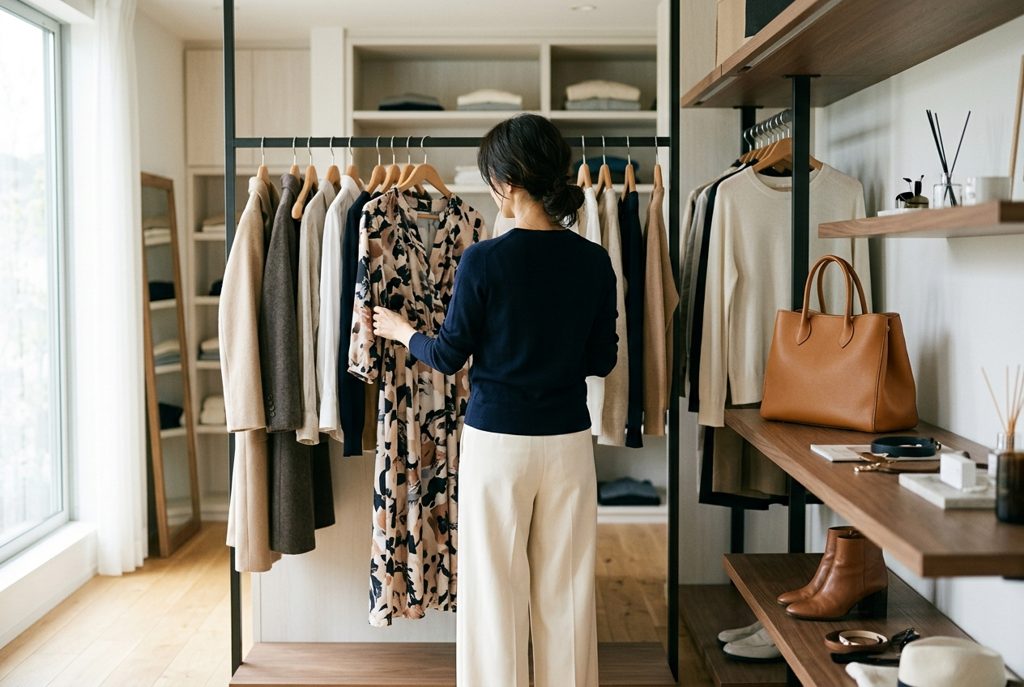 クローゼットで服とバッグを選ぶ女性