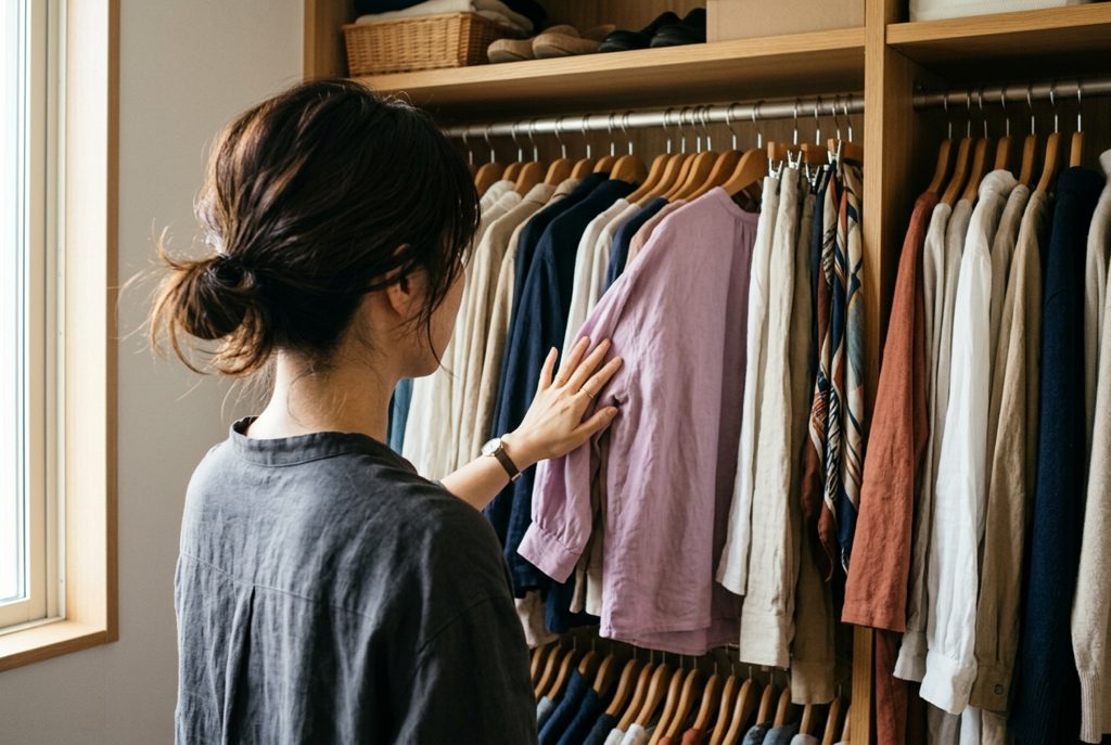 クローゼットの奥の服に手を伸ばす女性の後ろ姿