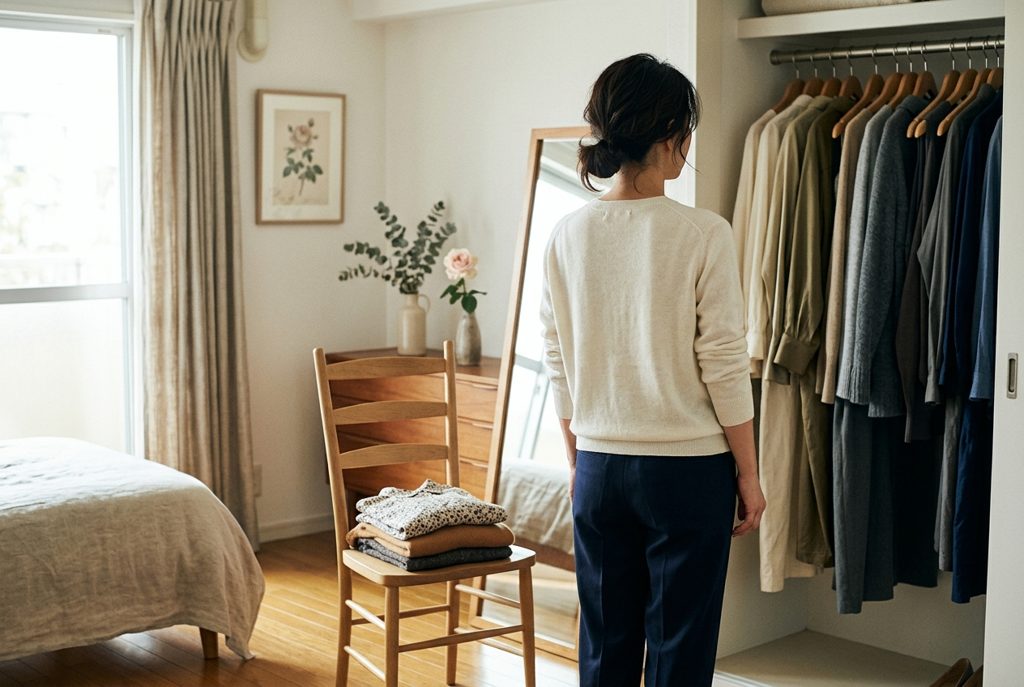 自然光が差し込む部屋で、女性がクローゼットの服と椅子の上の服を見ている様子