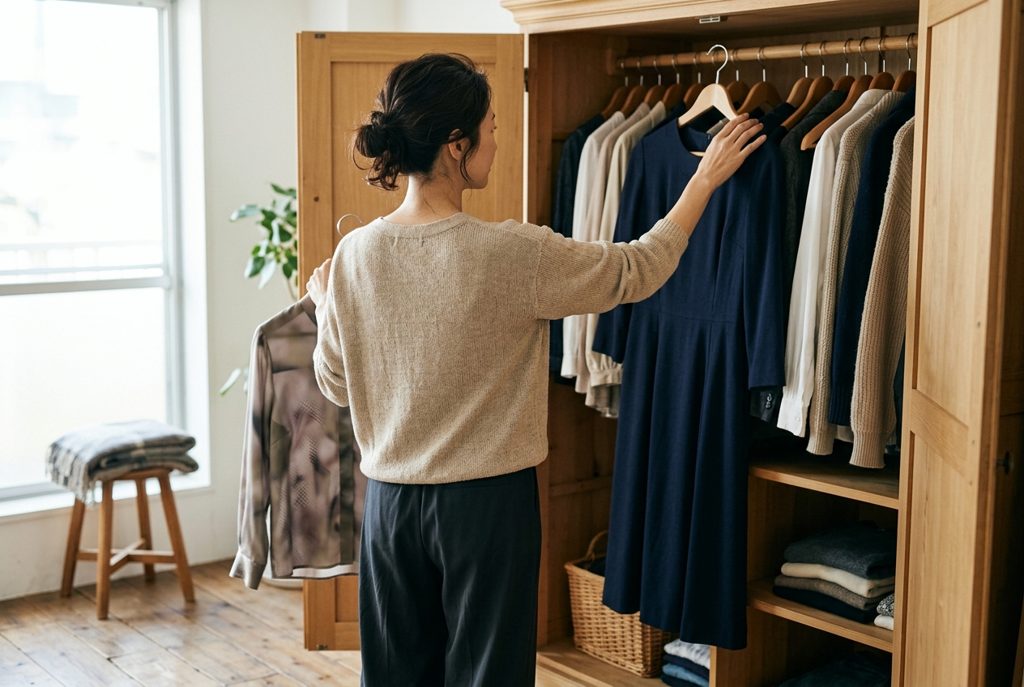 オープンクローゼットで服を吟味する女性の後ろ姿