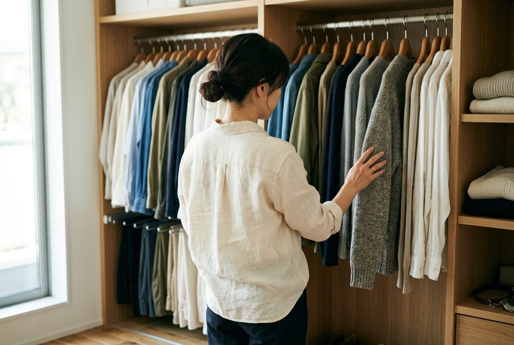 クローゼットで服を選ぶ女性の手元
