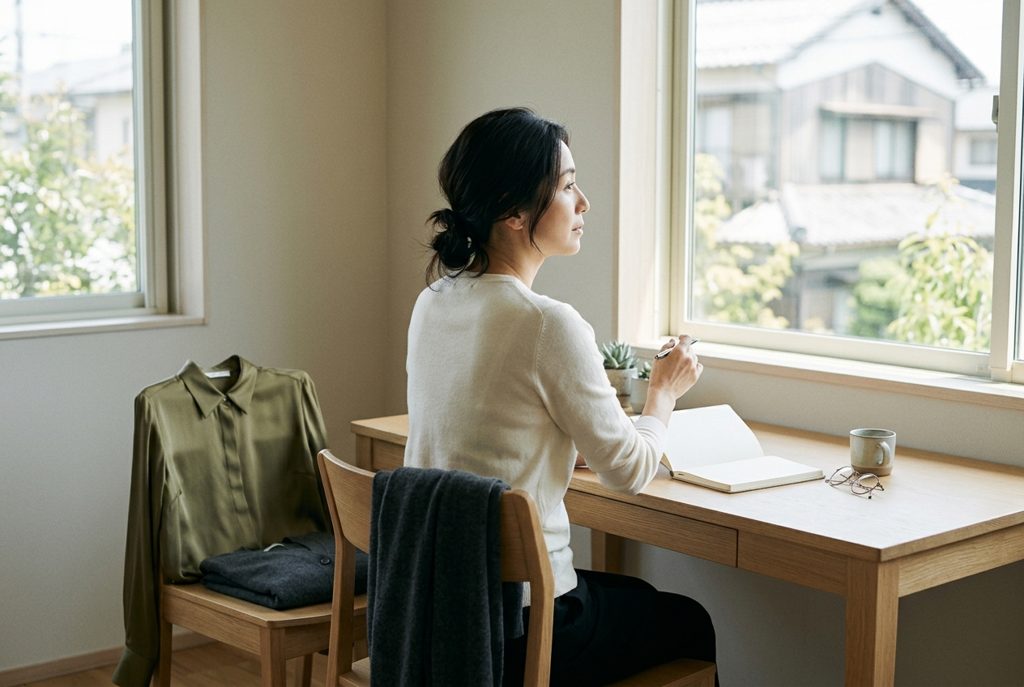 デスクでノートを開きペンを持つ女性。隣の椅子に服が掛かっている。