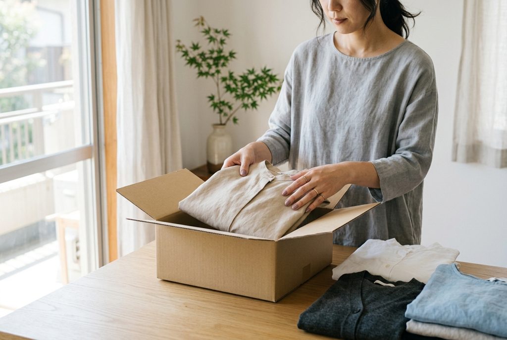 窓辺で新品の服を箱に詰める女性の手元