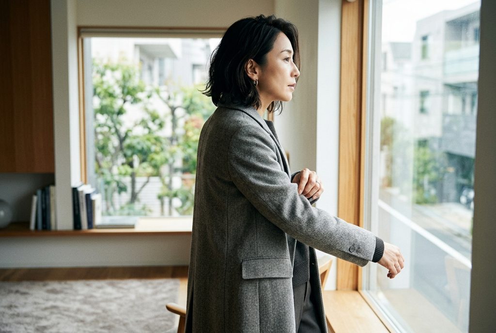 日差しが差し込む部屋で、着心地を確かめる女性の後ろ姿