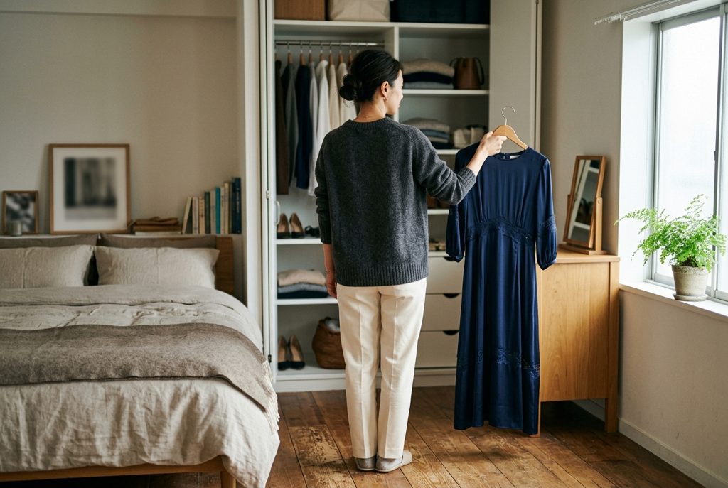 自宅でレンタル中のドレスを手に考える女性の後ろ姿