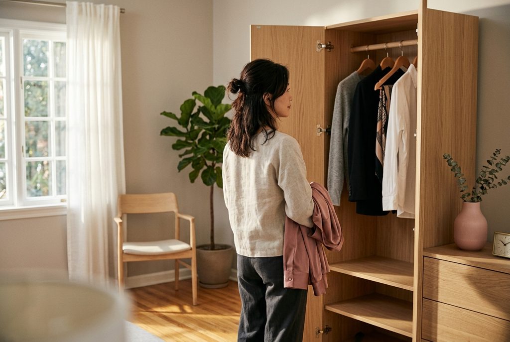 クローゼットの前で服を選ぶ女性の手元と背中