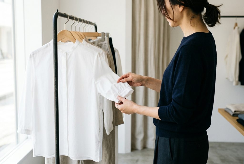 女性が白いブラウスの袖を指で触って確認している様子