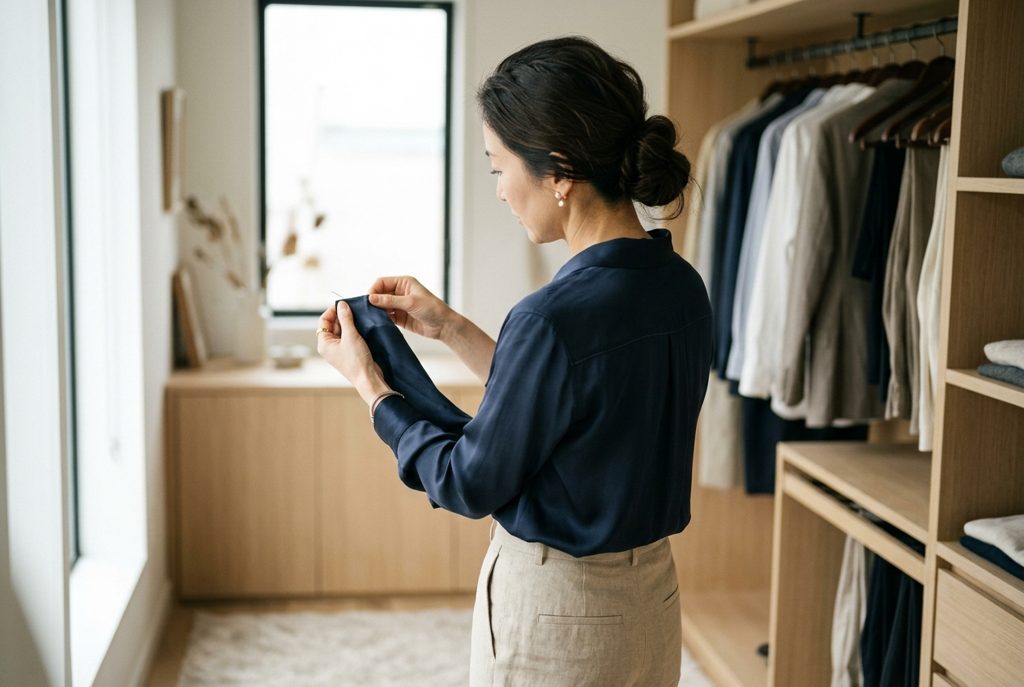 ブラウスの袖のほつれを注意深く確認する女性