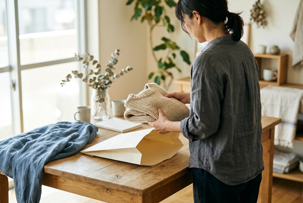 洋服を返却用に梱包する女性の手元