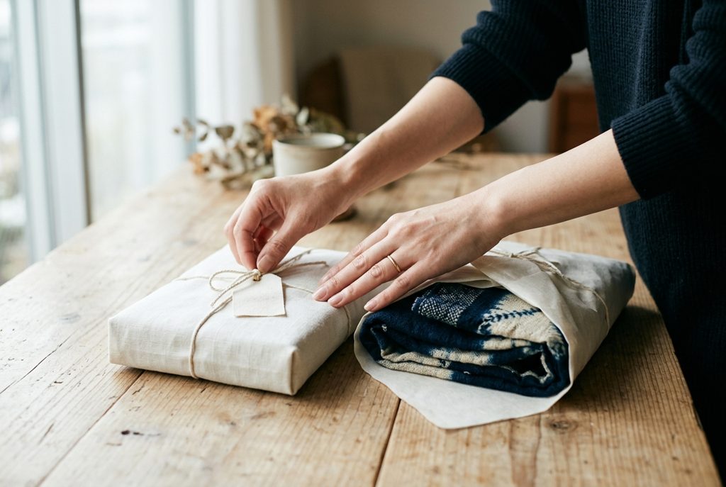 窓辺で服の小包を扱う女性の手元