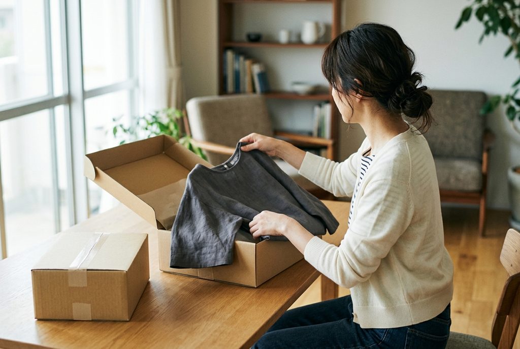 窓辺で女性が返却用の服を箱に詰めている