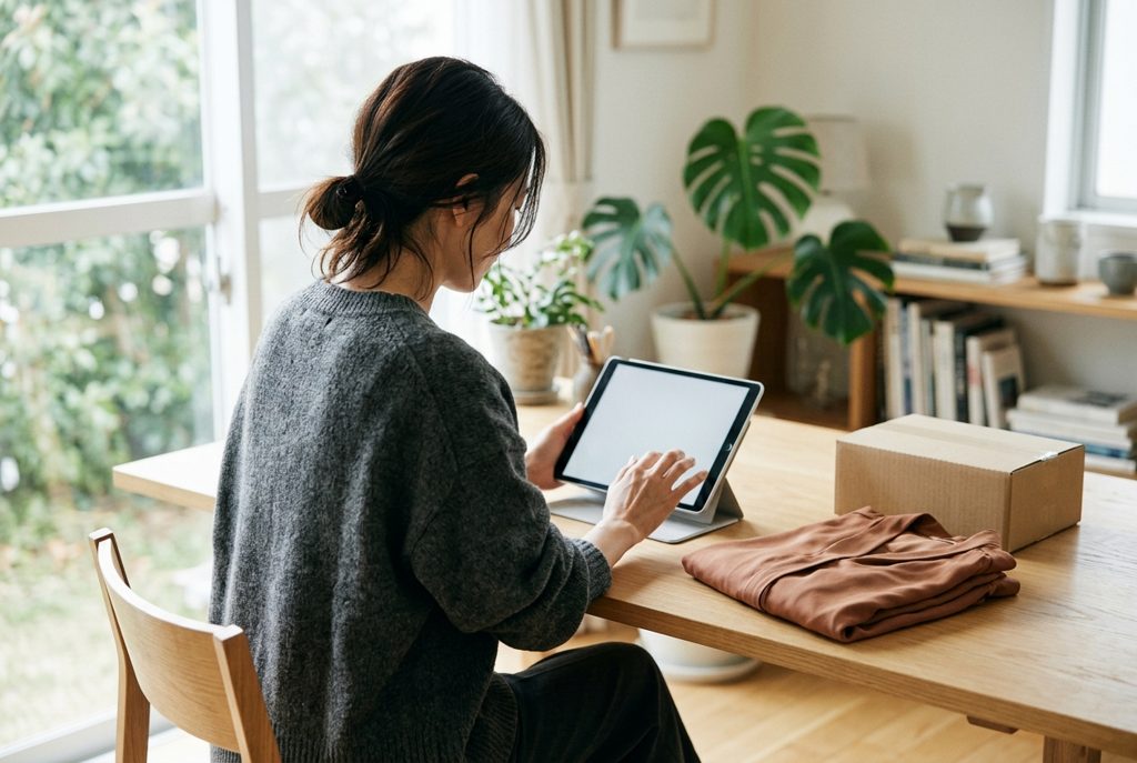 デスクでタブレットを見る女性と服
