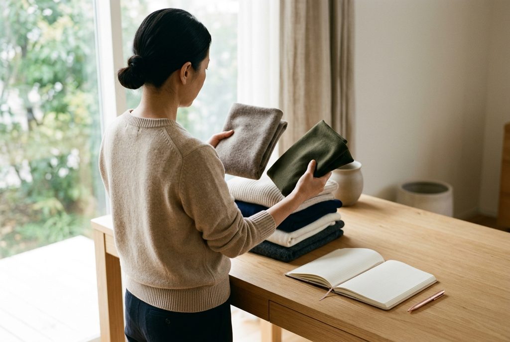 机の上で、二種類の服を手に取り比較している女性と手帳