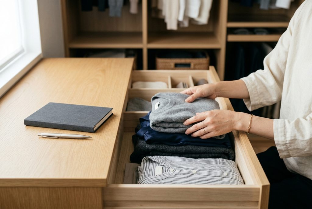 クローゼットで服を整理する女性の手元、ノートとペン