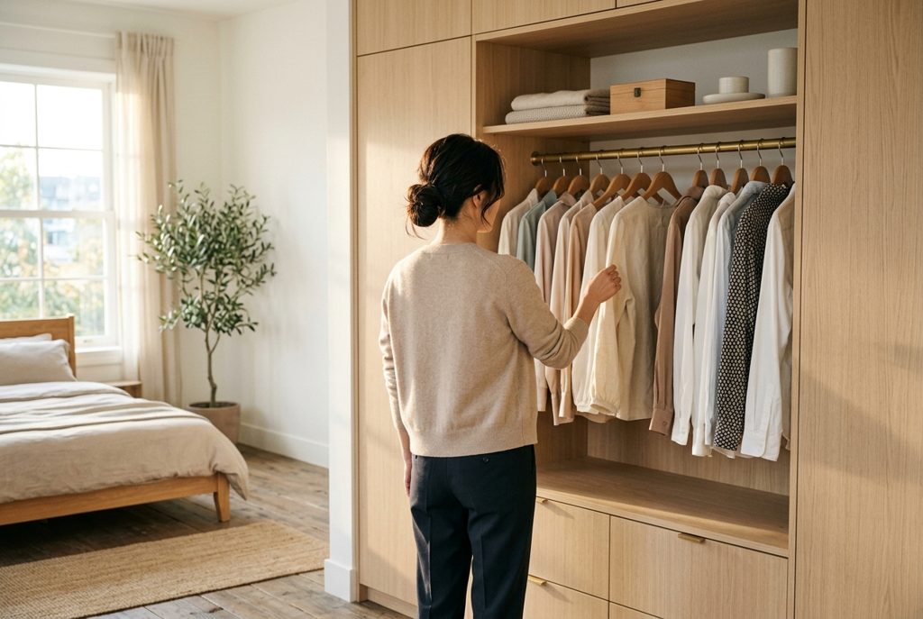 クローゼットで服を選ぶ女性の背中