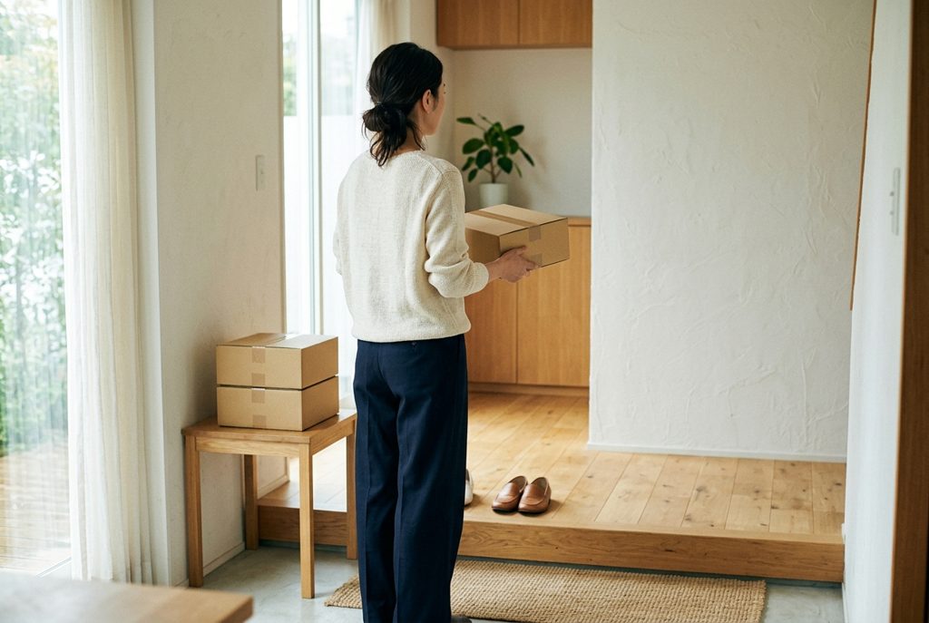 玄関で返却用の荷物を持つ女性と段ボール箱