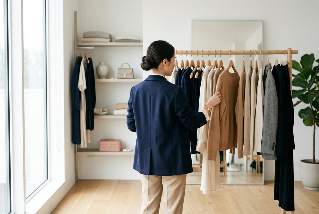 クローゼットで服を選ぶ女性の後ろ姿