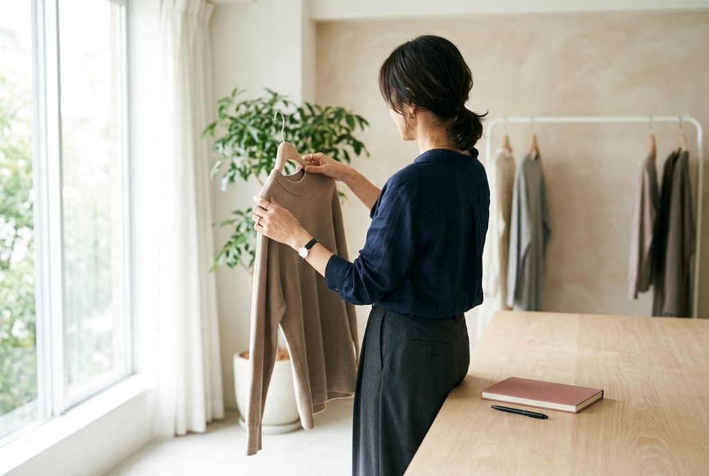 服を手にとりノートで考える女性の後ろ姿