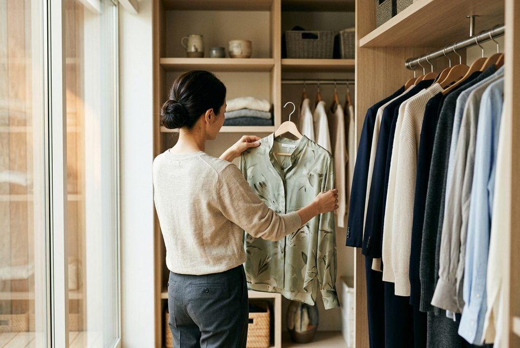 クローゼットで服を吟味する女性の後ろ姿