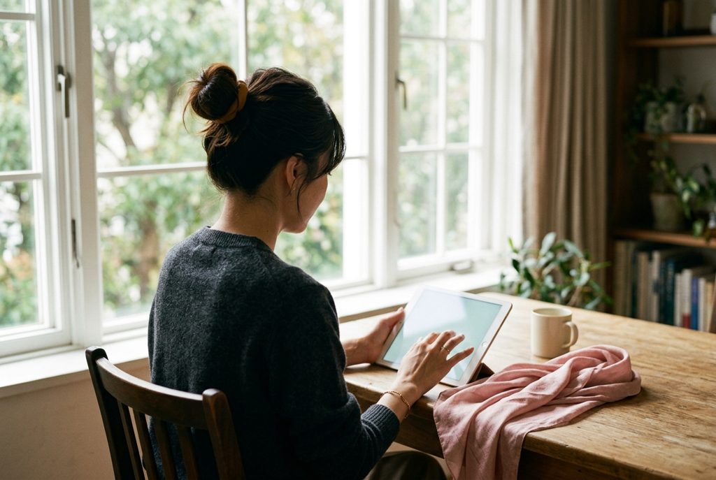 タブレットを操作する女性の後ろ姿