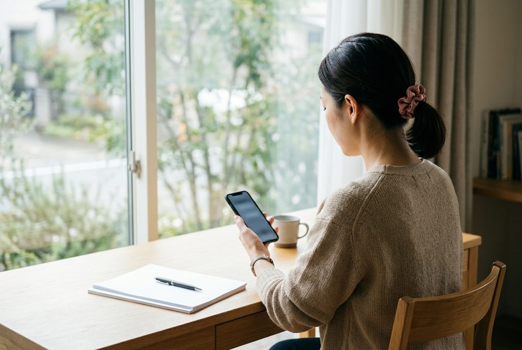 スマートフォンで画面を確認する女性の手元と、領収書らしき書類の山