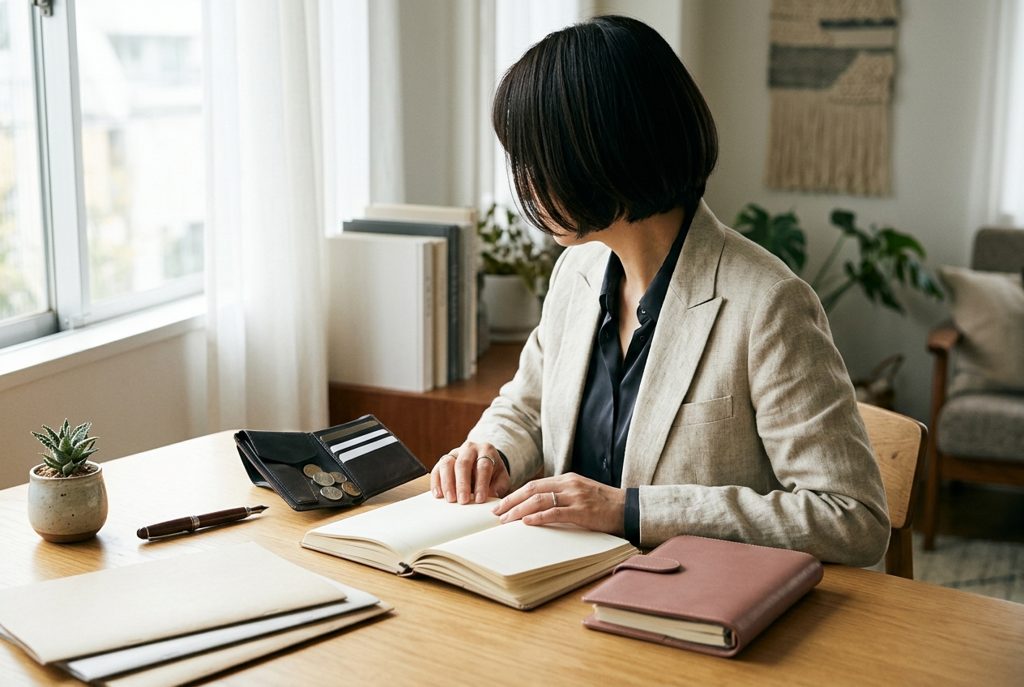 デスクで財布とノートを見る女性
