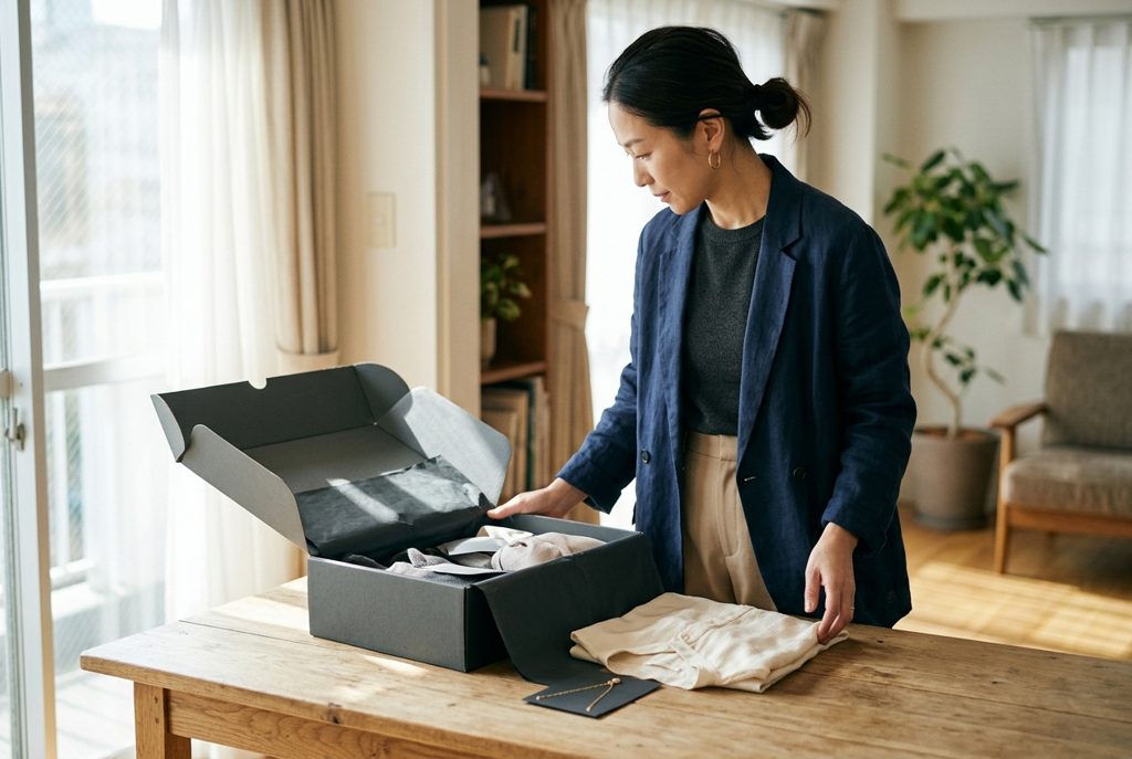 自然光の部屋で、箱と洋服、ネックレスが並べられたテーブル。