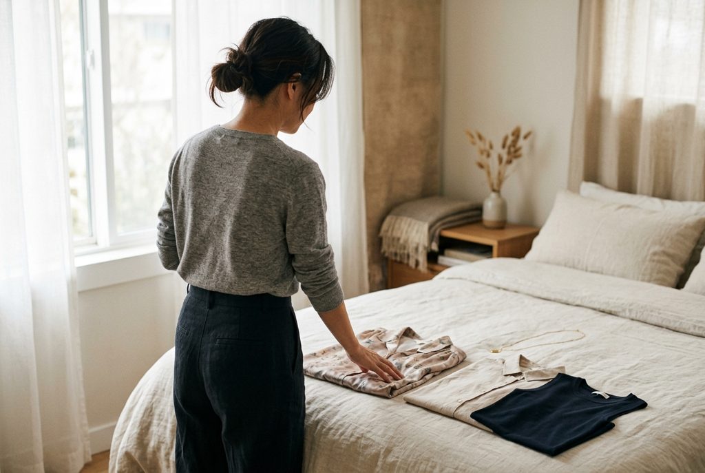 ベッドで服とアクセサリーを選ぶ女性