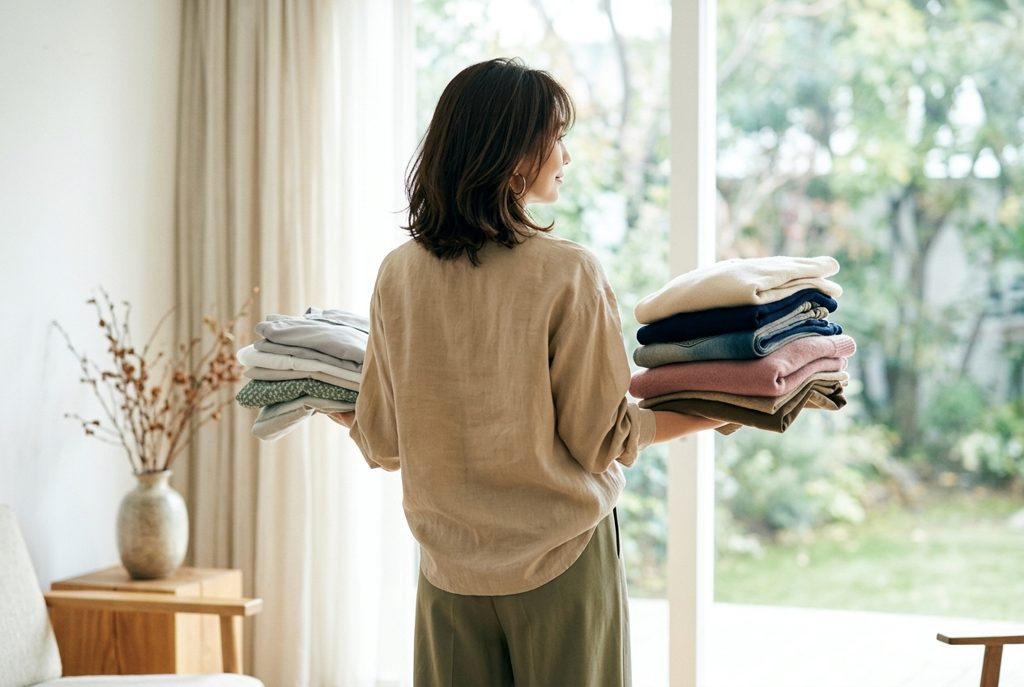 自然光が差し込む部屋で、洋服の束を左右の腕に抱えて比較する女性