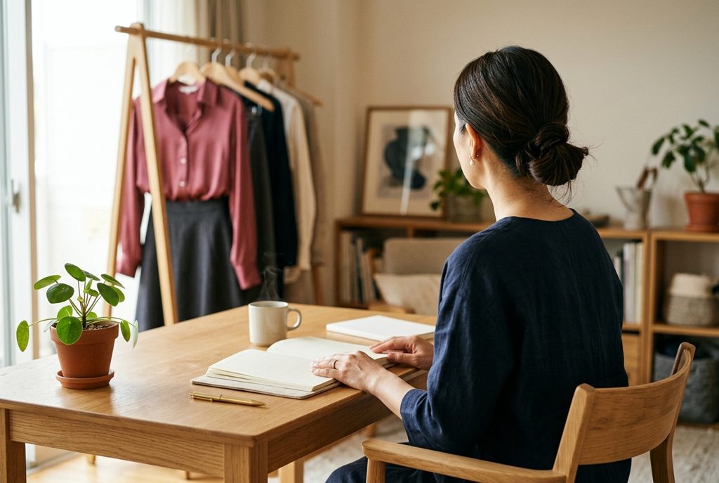 デスクで手帳を開き、洋服を見つめる女性の後ろ姿