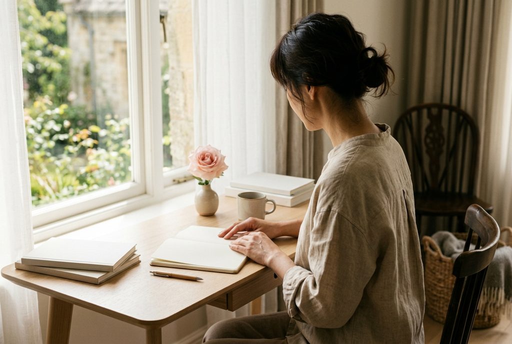 窓辺の机で手帳を見つめる女性の後ろ姿とバラ