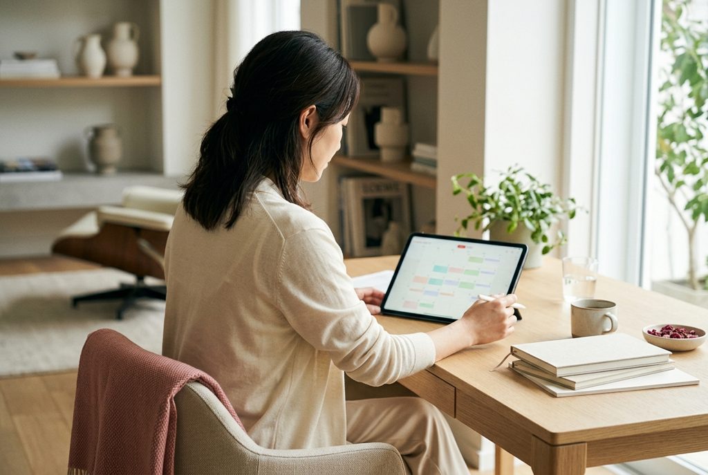 女性がタブレットで年間カレンダーを見ている