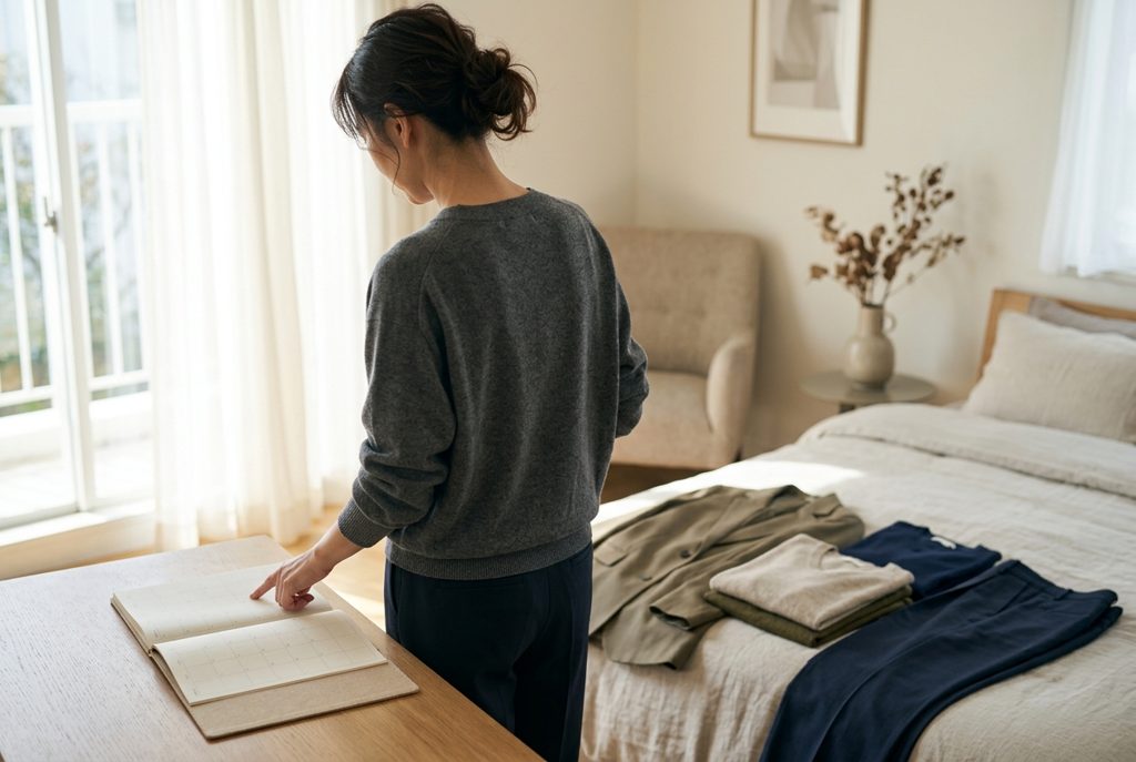 後ろ姿の女性がカレンダーを見つめ、服が置かれた寝室