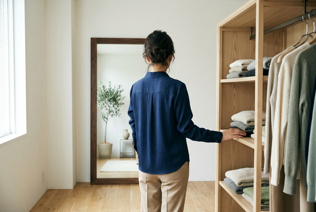 クローゼットに並んだ服を眺める女性の後ろ姿