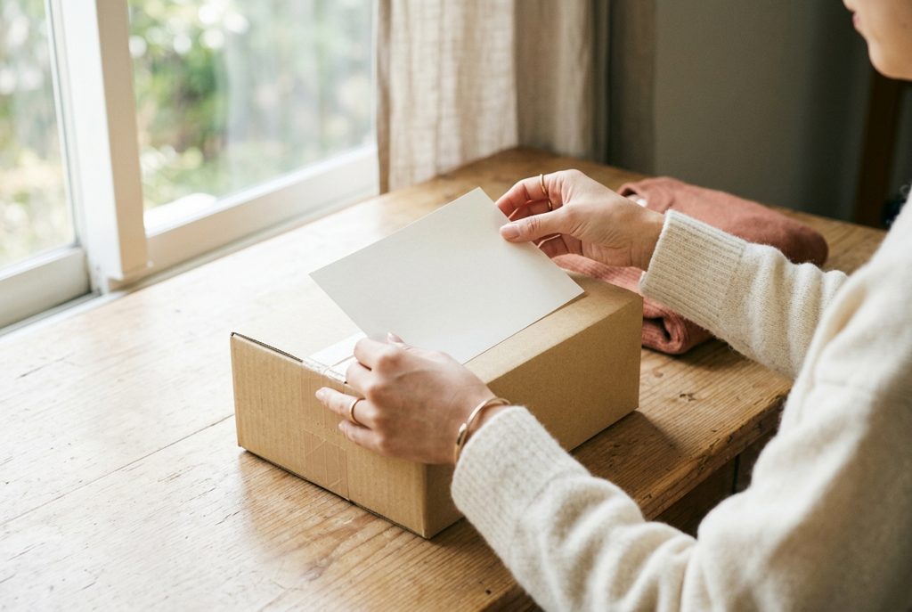 女性の手が、返送用の荷物に伝票を置いているところ。