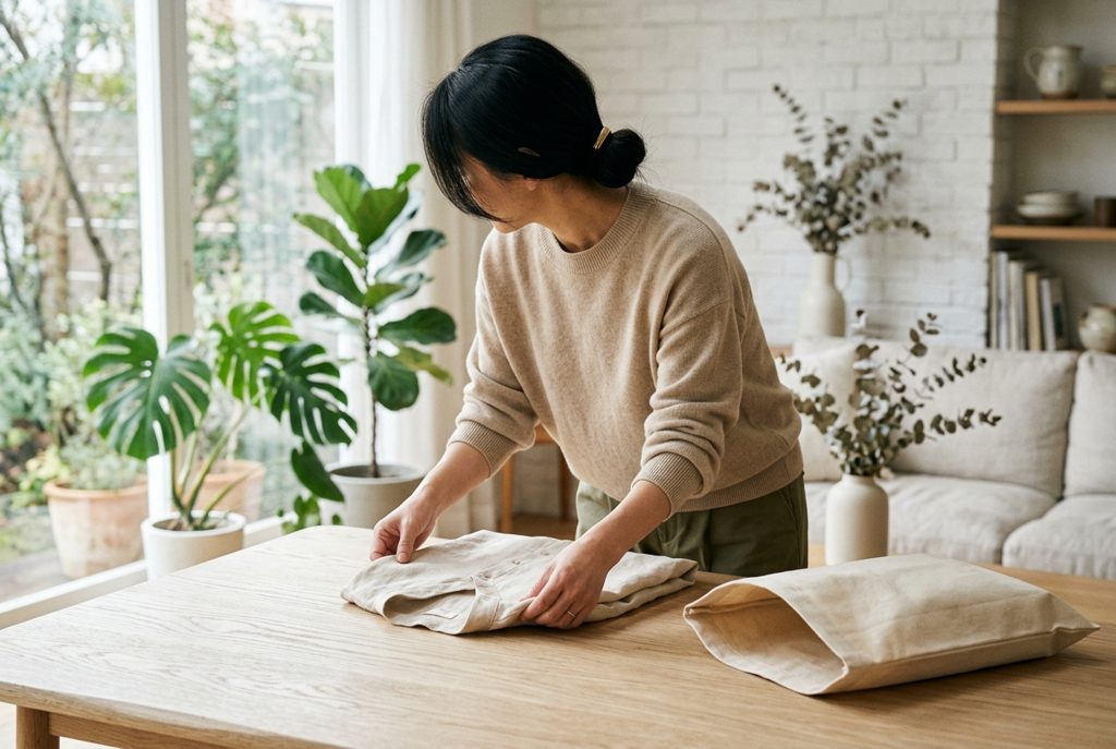 洋服をたたんで返却の準備をする女性