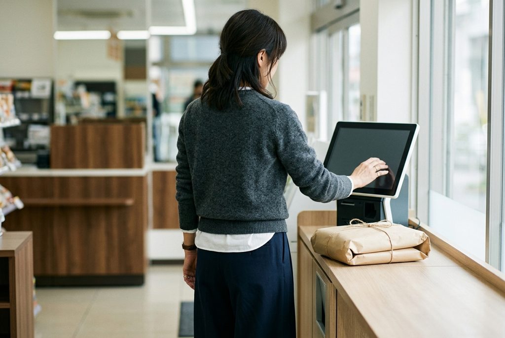 コンビニの端末で返却手続きをする女性