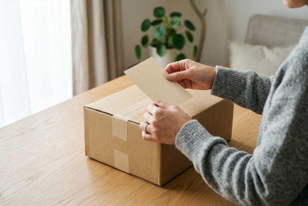 返送用の伝票を持つ女性の手元