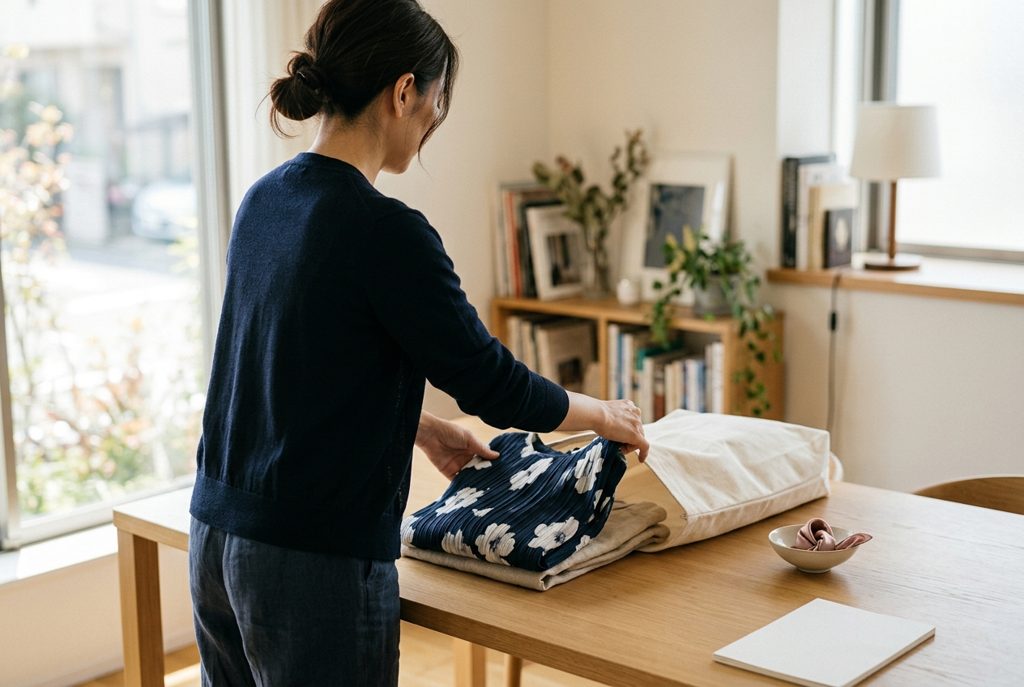 自宅のテーブルで、返却用の洋服をたたんで袋に入れる女性の後ろ姿