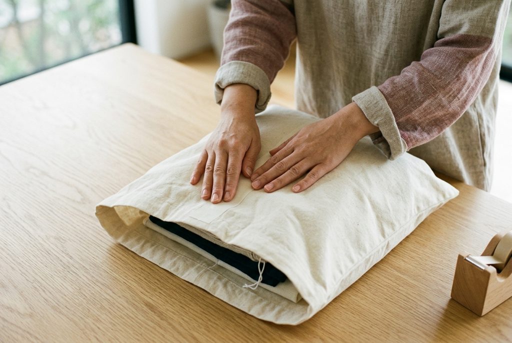 服の返却用梱包材を閉じる女性の手元